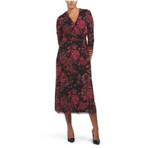 Anne Klein Midi Dress S Black Plum Pink Red 3/4 Long Sleeve Stretch Faux Wrap